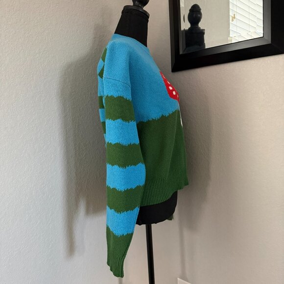ZARA Mushroom Toadstool Blue Green Striped Check Quirky Indie Sweater Medium - Picture 7 of 15
